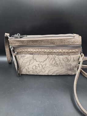 Floral-Embossed Taupe Crossbody Bag with Adjustable Strap